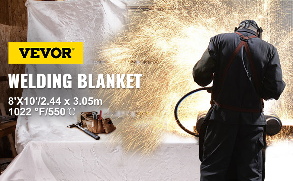 VEVOR fire blankets for welding, sparks flying, protective gear, and tools.