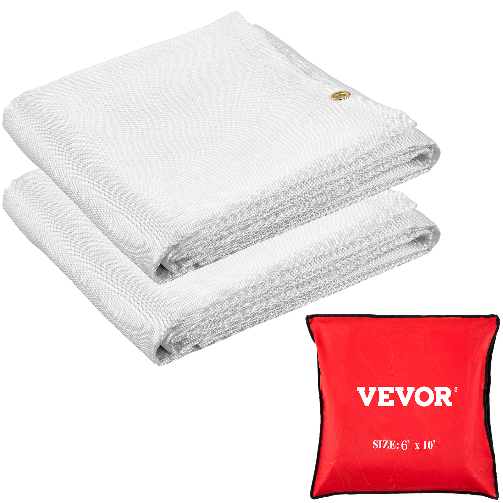 two folded VEVOR fire blankets next to a red storage bag with the VEVOR logo.