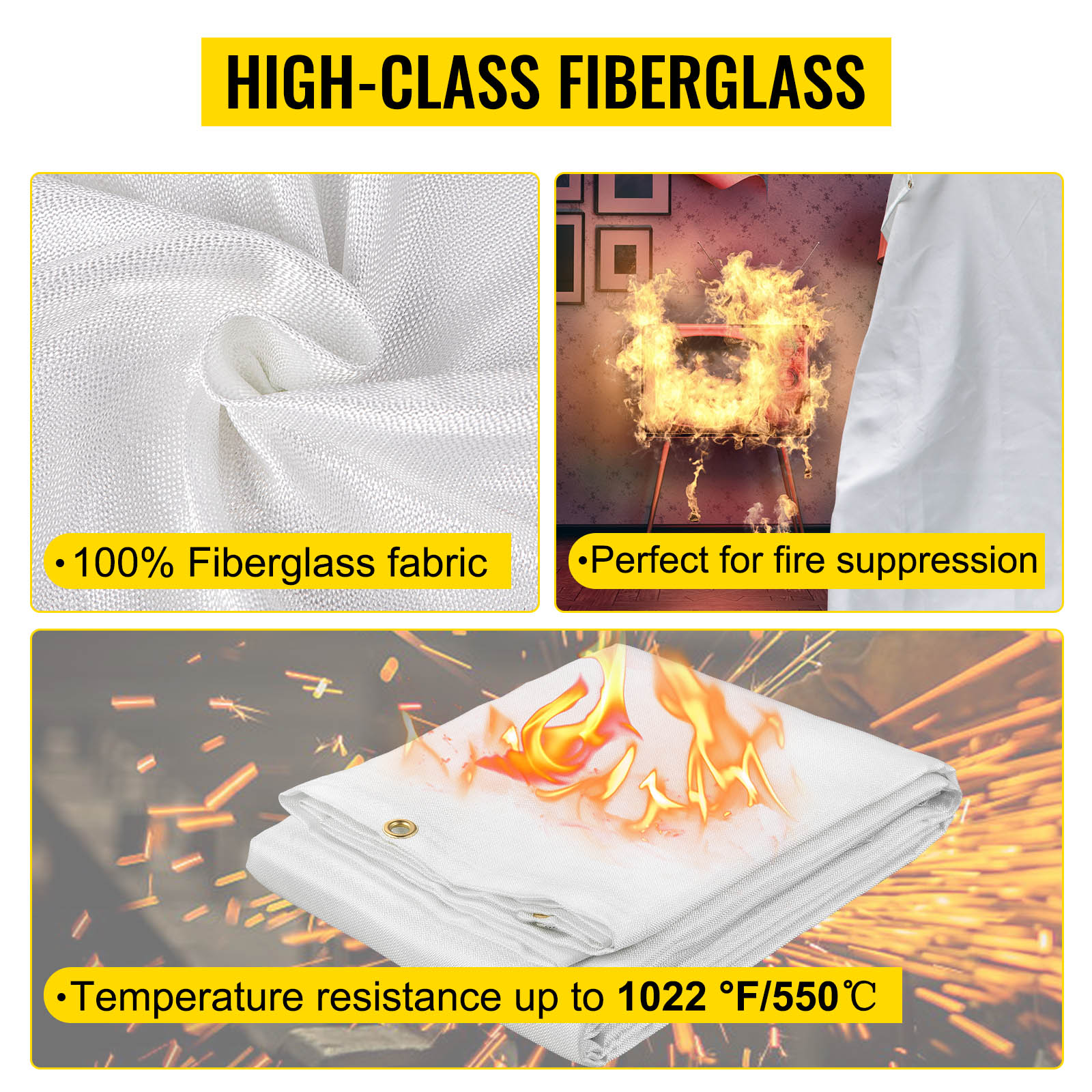 VEVOR fire blankets, high-class fiberglass for fire suppression up to 1022°f/550°c.