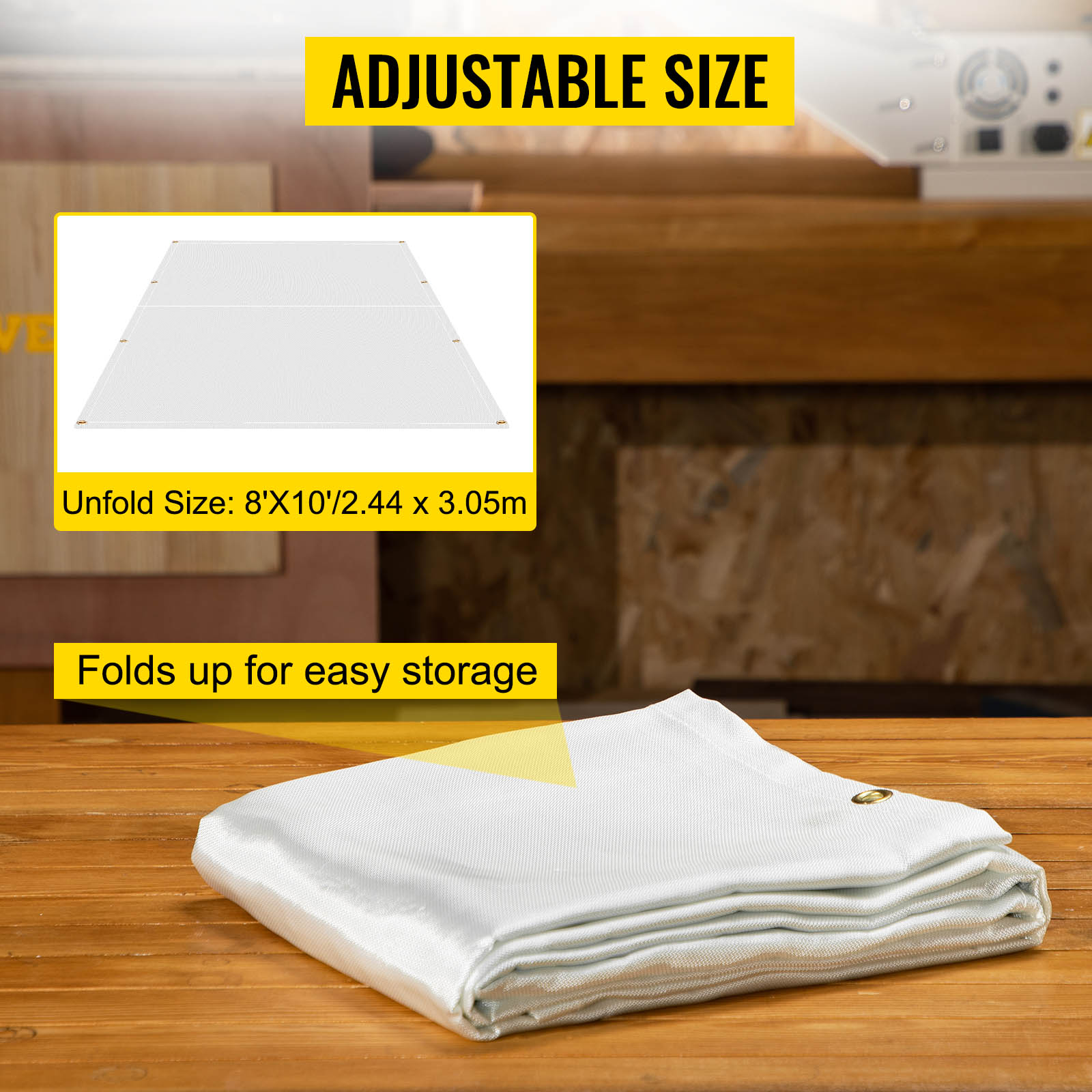 foldable VEVOR fire blankets, adjustable size, easy storage on wooden surface.