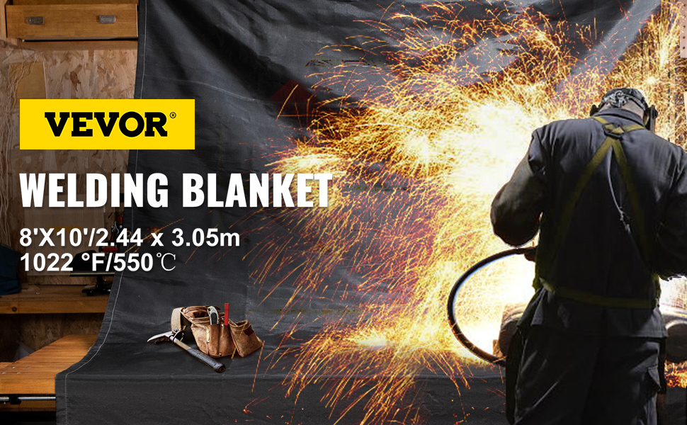 VEVOR fire blankets welding backdrop with sparks, tools on wooden table.