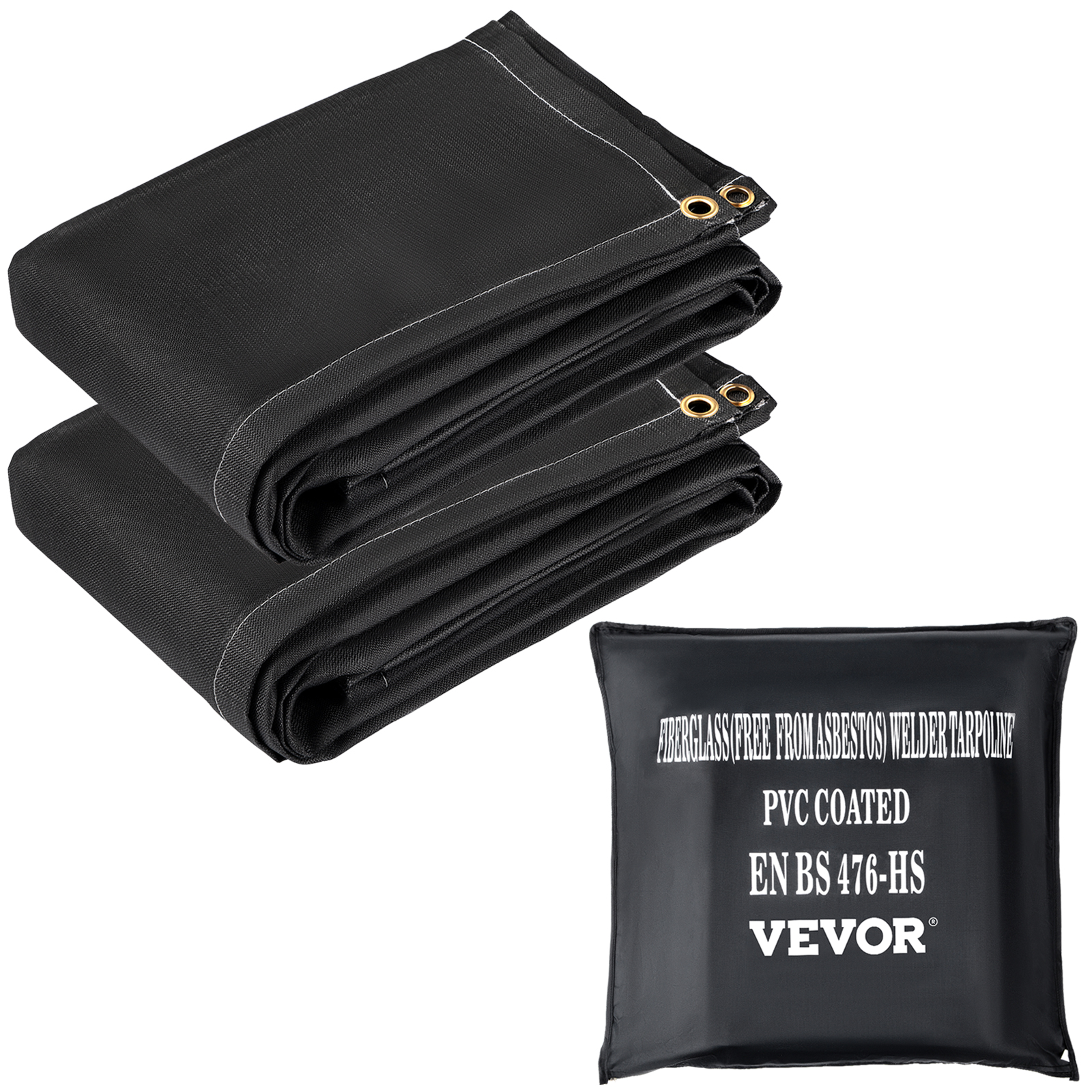 VEVOR fire blankets, black, pvc-coated, folded with metal grommets, logo visible.