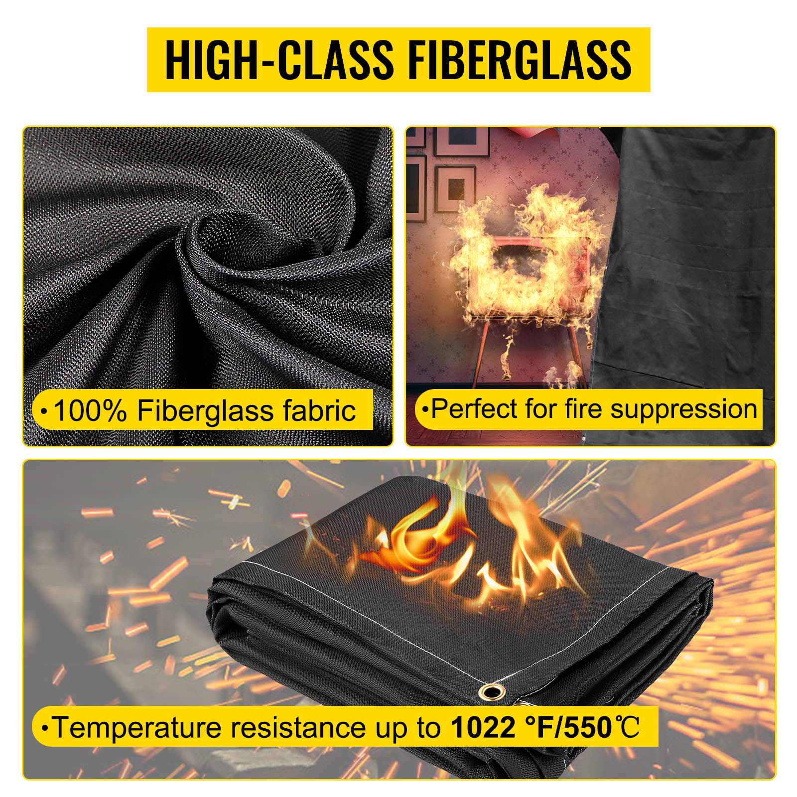 VEVOR fire blankets, made of 100% fiberglass fabric, resist up to 1022°f.