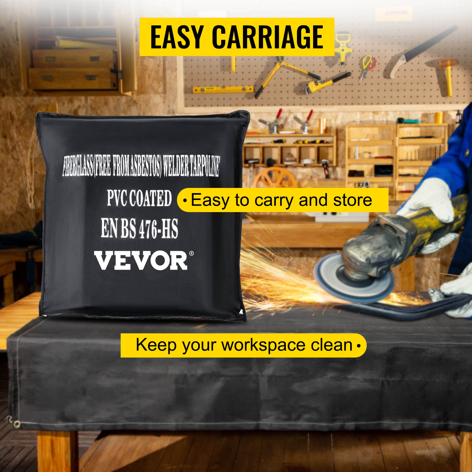 VEVOR fire blankets, easy to carry, clean workspace, pvc coated in workshop.