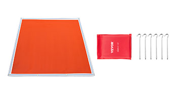 VEVOR fire pit mat, red carrying bag, six metal ground stakes.