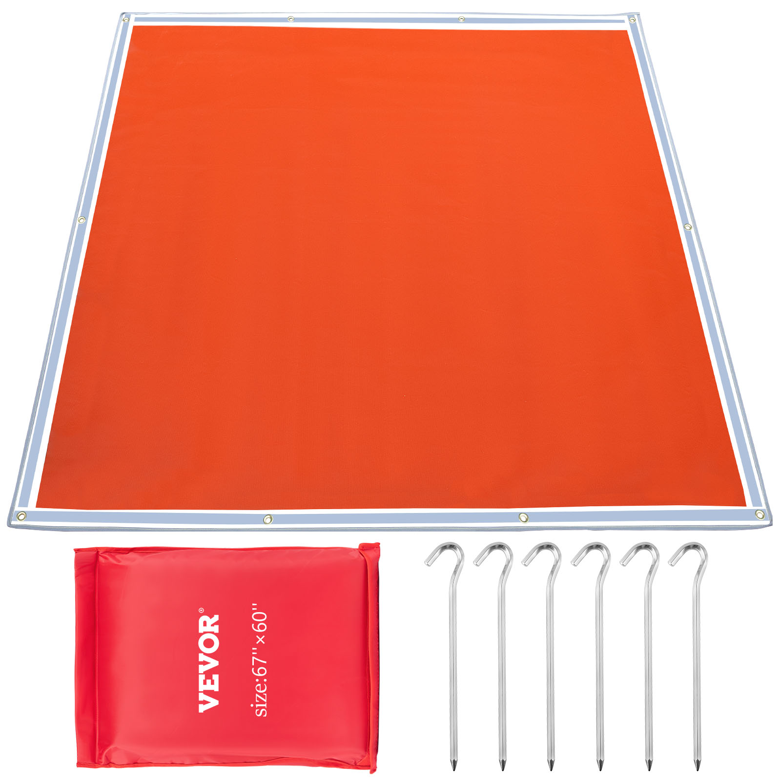 VEVOR fire pit mat with stakes and carrying case, size 67" x 60", red and silver.
