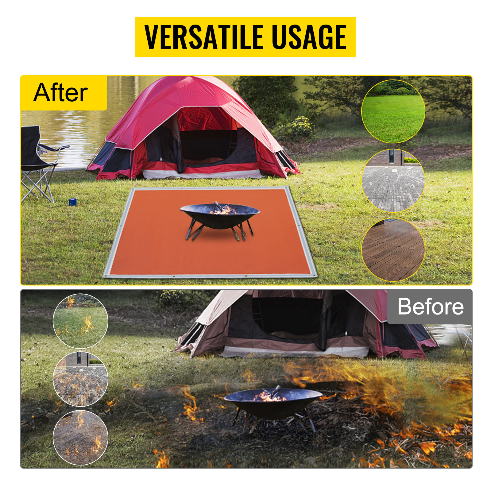 VEVOR fire pit mat in use, protecting the ground near a tent, showing before and after effects.