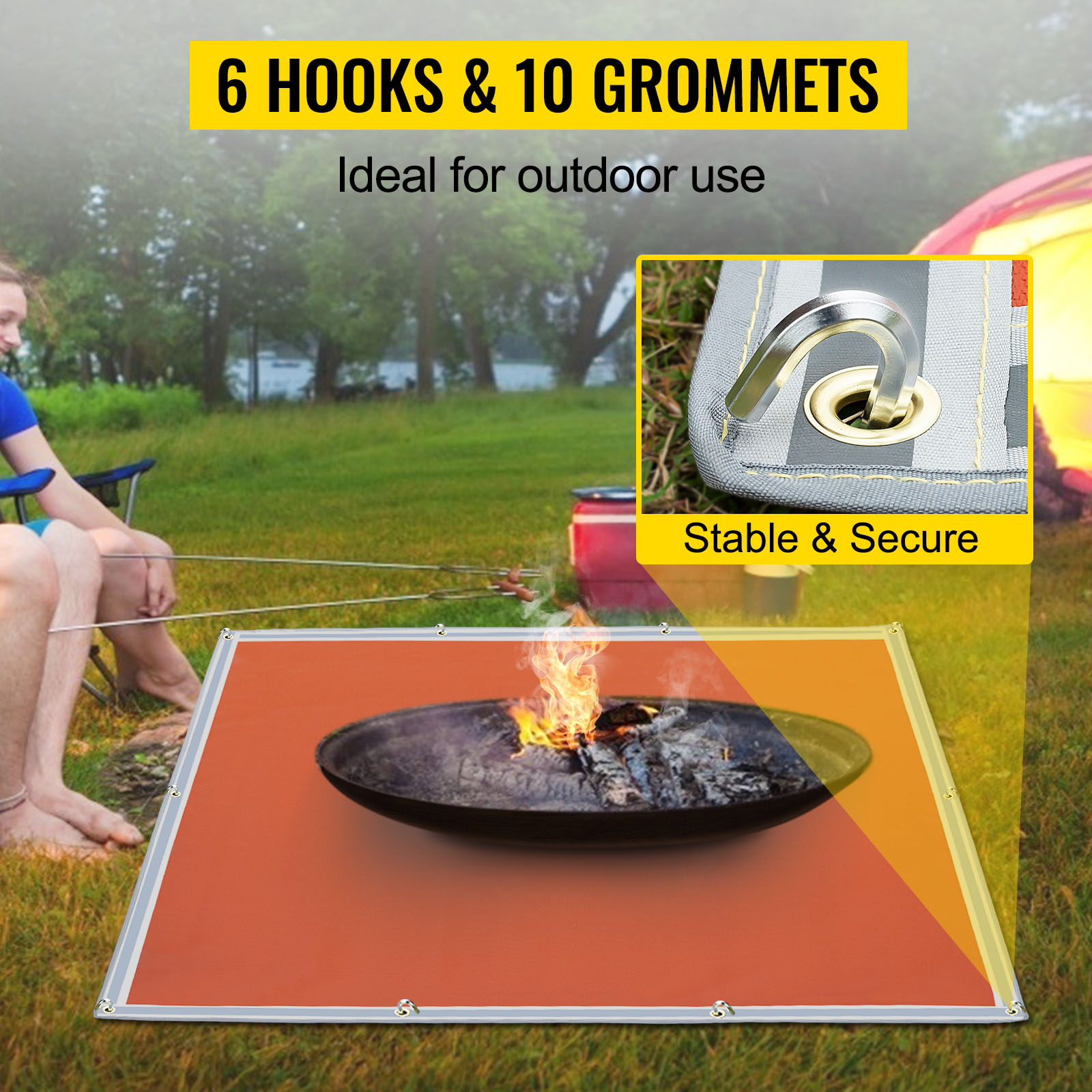 camping setup with VEVOR fire pit mat and secure hooks and grommets for stability.