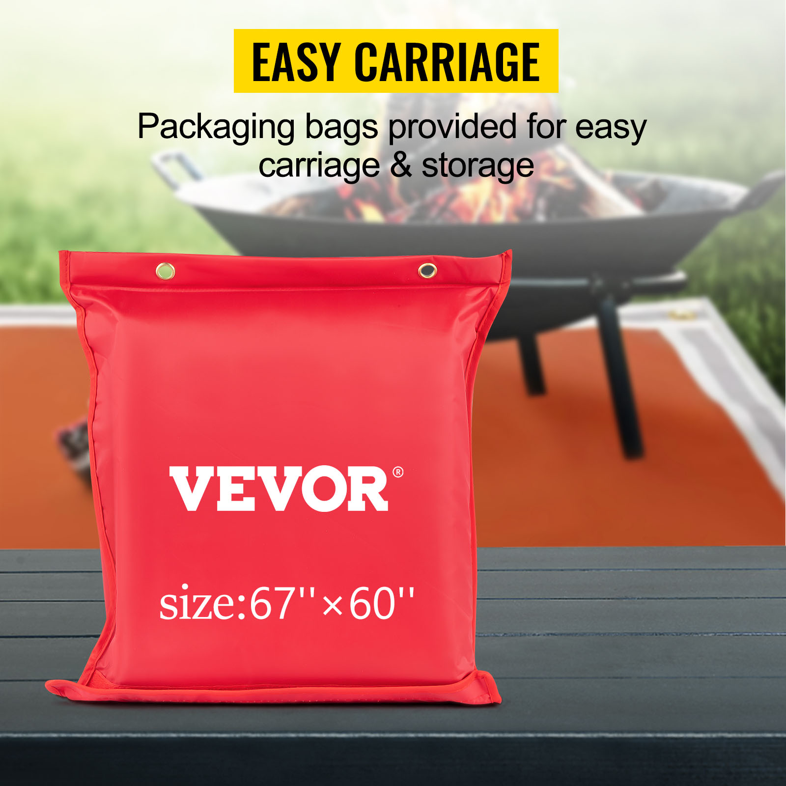 VEVOR fire pit mat in a red carry bag with a fire pit in the background.