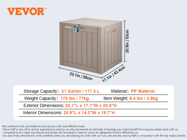 VEVOR deck box with 31-gallon capacity, dimensions 22.1"l x 17.1"w x 20.9"h, and 170 lbs weight capacity.