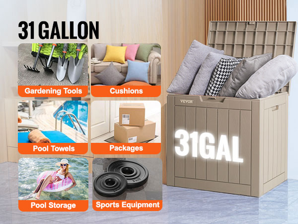 VEVOR klāja kaste (31 galonu tilpums) dārza instrumentu, spilvenu, baseina rotaļlietu, baseina dvieļu, iepakojumu un sporta aprīkojuma glabāšanai.
