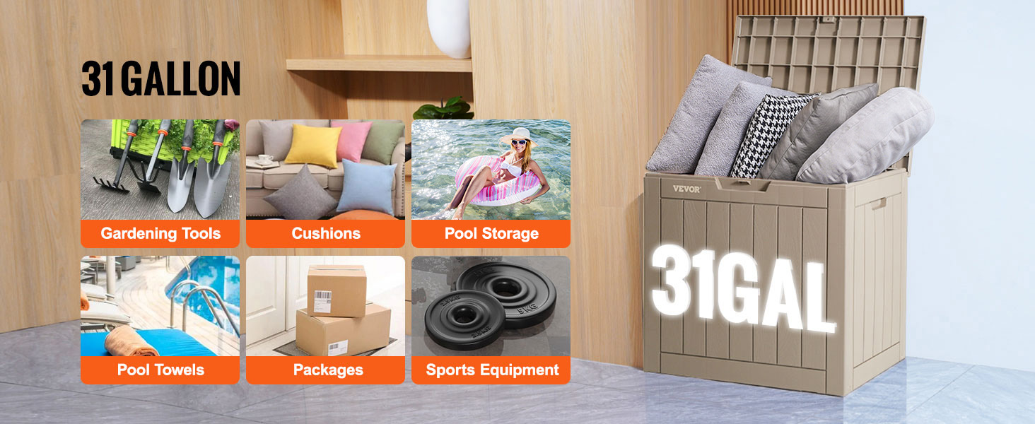 VEVOR klāja kaste (31 galonu tilpums) dārza instrumentu, spilvenu, baseina rotaļlietu, baseina dvieļu, iepakojumu un sporta aprīkojuma glabāšanai.