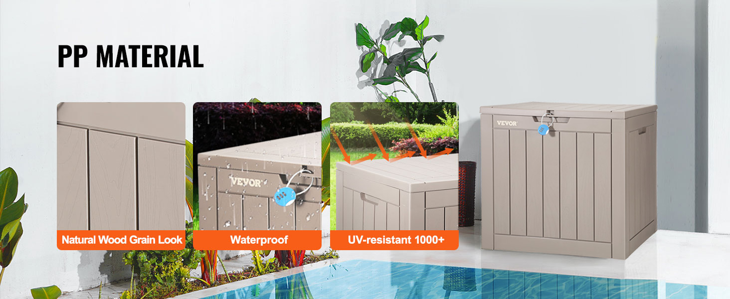 VEVOR terases kaste, ūdensizturīga, UV izturīga, dabīga koka imitācijas, blakus baseinam ar piepūšamām atrakcijām iekšpusē.