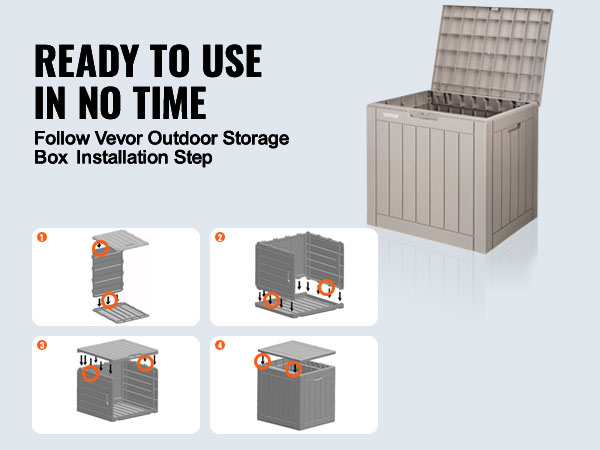 Gatava VEVOR klāja kaste montāžai ar soli pa solim uzstādīšanas instrukciju un atvērtu uzglabāšanas vietu.