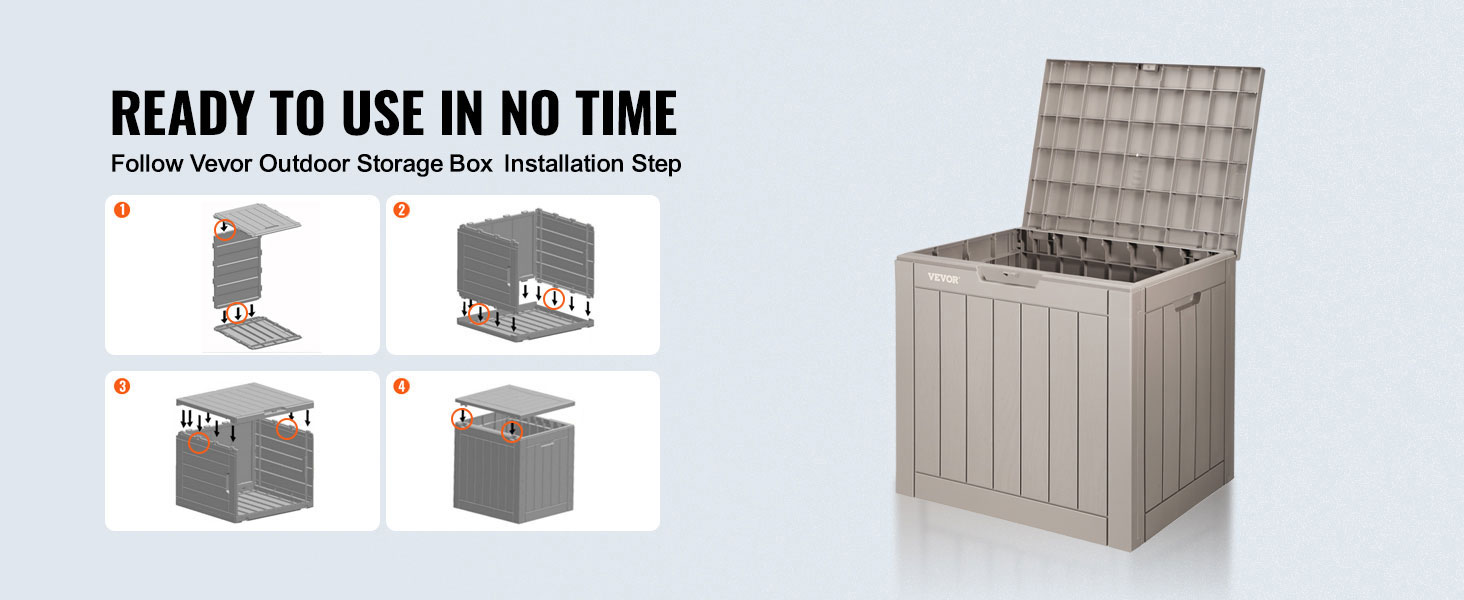 Gatava VEVOR klāja kaste montāžai ar soli pa solim uzstādīšanas instrukciju un atvērtu uzglabāšanas vietu.