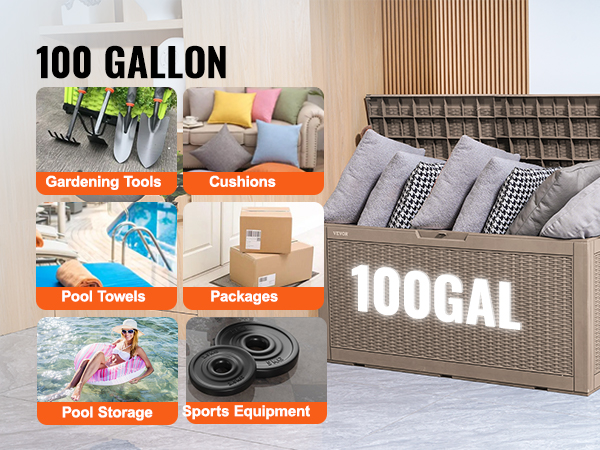 VEVOR deck box 100 gallon storage for gardening tools, cushions, pool toys, towels, packages, sports equipment.