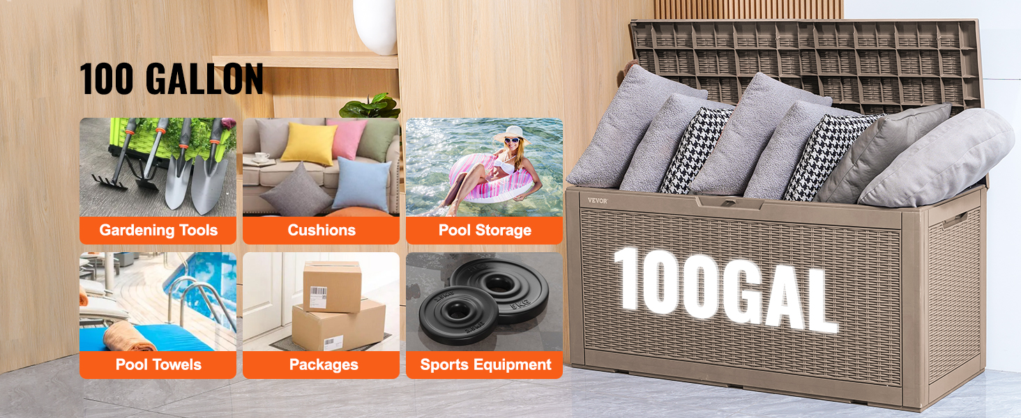 VEVOR deck box 100 gallon storage for gardening tools, cushions, pool toys, towels, packages, sports equipment.