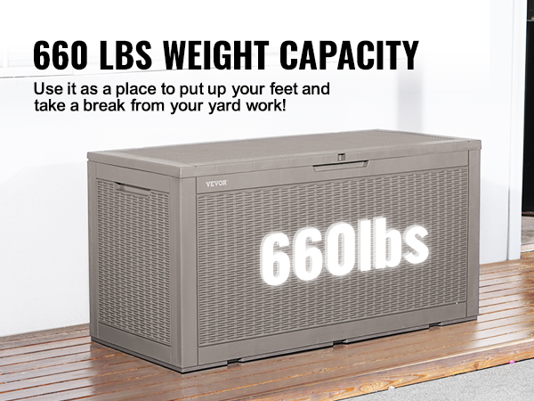 VEVOR deck box on wooden deck with 660 lbs weight capacity text. ideal for outdoor storage.