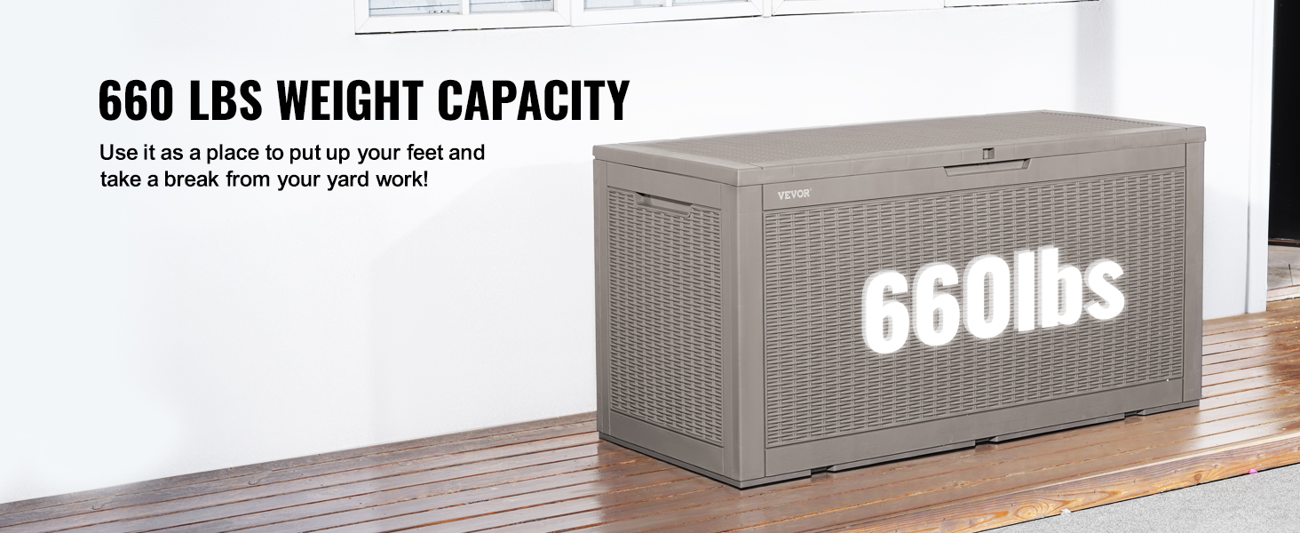 VEVOR deck box on wooden deck with 660 lbs weight capacity text. ideal for outdoor storage.