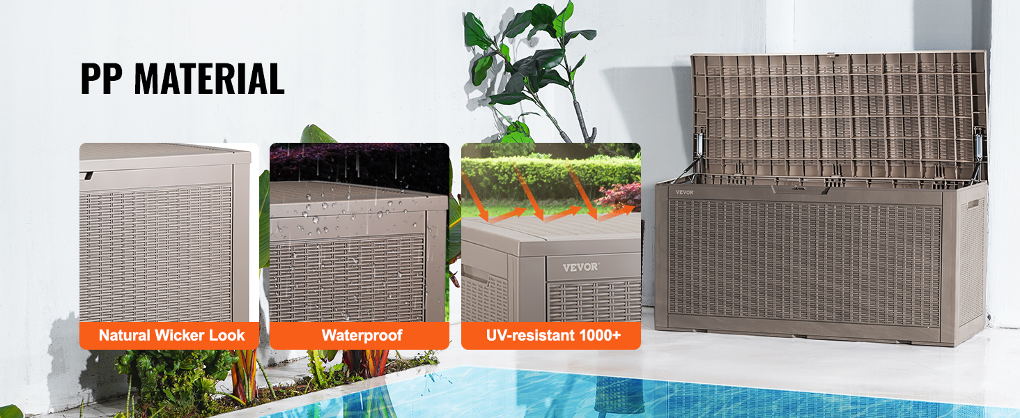 VEVOR deck box near pool, featuring natural wicker look, waterproof, and uv-resistant 1000+ features.