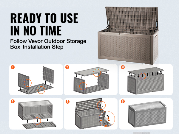 VEVOR deck box installation steps with text "ready to use in no time" and image of assembled brown deck box.