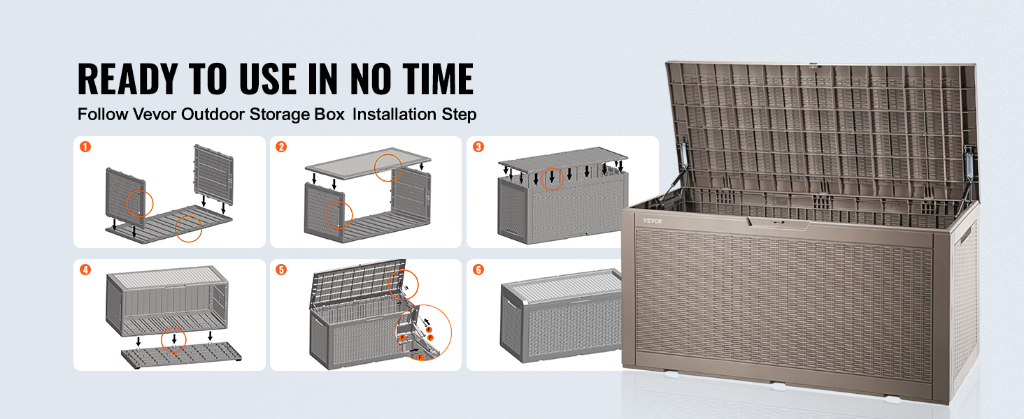 VEVOR deck box installation steps with text "ready to use in no time" and image of assembled brown deck box.