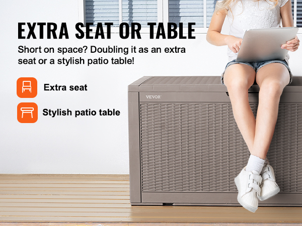 woman using laptop while sitting on a VEVOR deck box, multifunctional for seating or patio table.