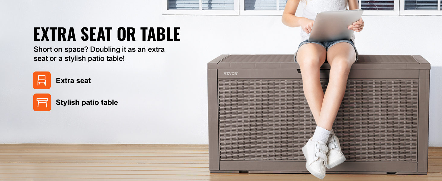 woman using laptop while sitting on a VEVOR deck box, multifunctional for seating or patio table.