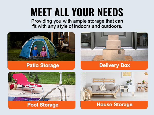 VEVOR deck box in various settings: patio, delivery, pool, and house storage options.