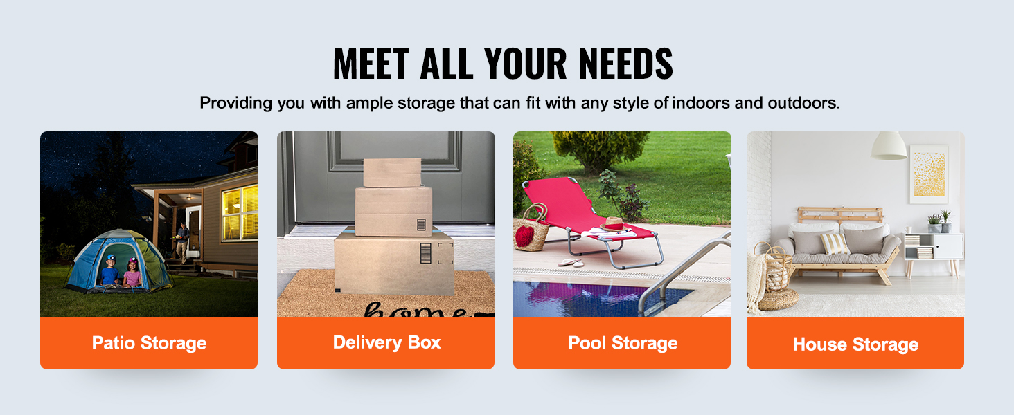 VEVOR deck box in various settings: patio, delivery, pool, and house storage options.