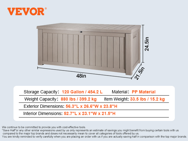 VEVOR deck box with 120-gallon capacity, 880 lbs capacity, pp material, and 48-inch length.
