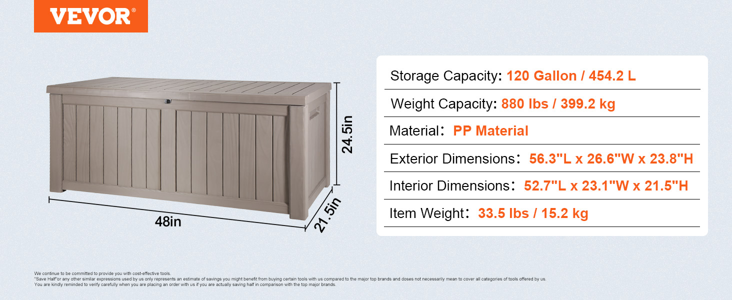 VEVOR deck box with 120-gallon capacity, 880 lbs capacity, pp material, and 48-inch length.