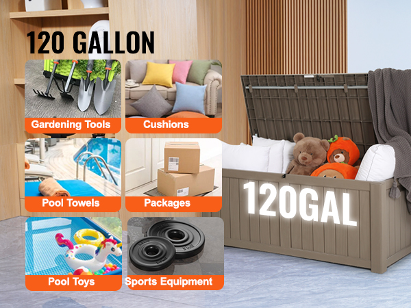 VEVOR klāja kaste 120 galonu, piepildīta ar mīkstajām rotaļlietām un segām, ar nodalījumiem instrumentiem, spilveniem, baseina piederumiem un sporta inventāru.