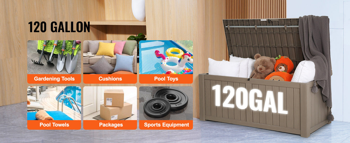 VEVOR klāja kaste 120 galonu, piepildīta ar mīkstajām rotaļlietām un segām, ar nodalījumiem instrumentiem, spilveniem, baseina piederumiem un sporta inventāru.