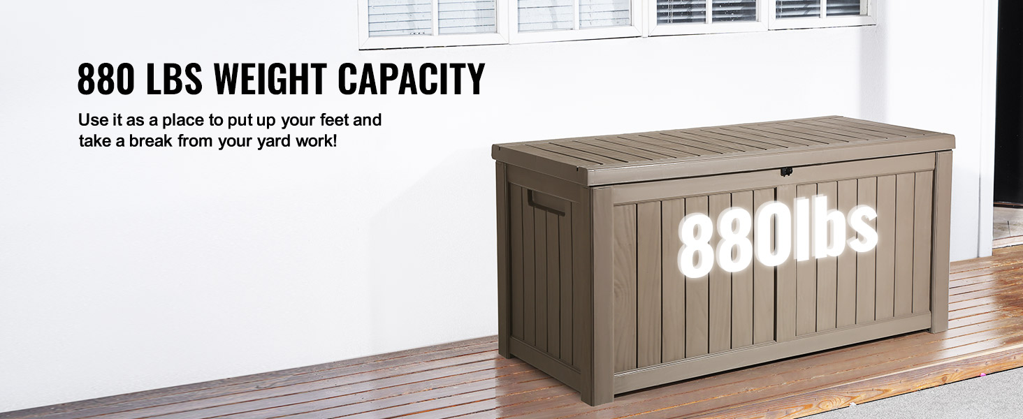 VEVOR klāja kaste ar 880 mārciņu svara kapacitāti uz koka klāja blakus baltai sienai.