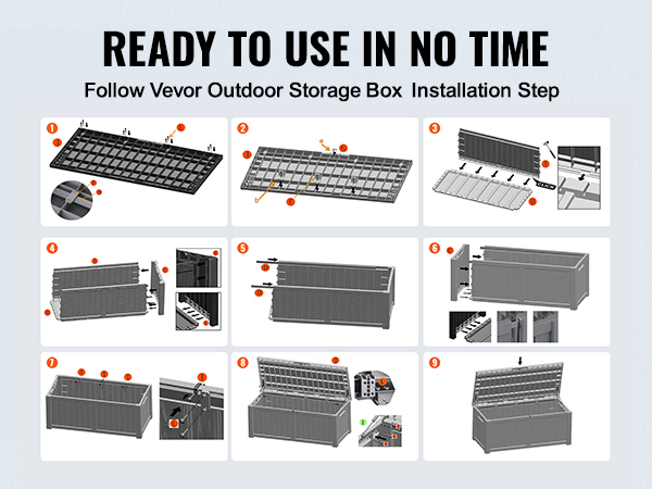 VEVOR klāja kastes uzstādīšanas rokasgrāmata ar 8 montāžas soļiem, kurā parādītas detalizētas ilustrācijas un detaļas.