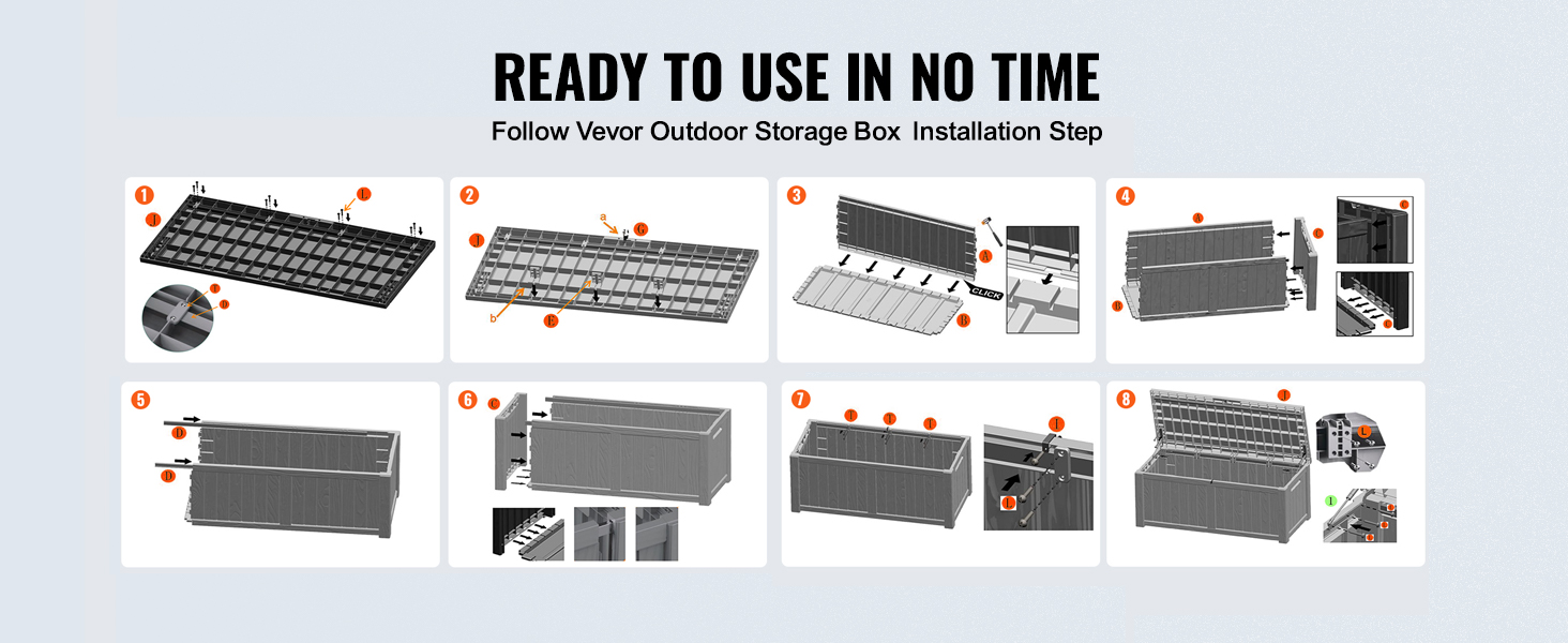 VEVOR klāja kastes uzstādīšanas rokasgrāmata ar 8 montāžas soļiem, kurā parādītas detalizētas ilustrācijas un detaļas.