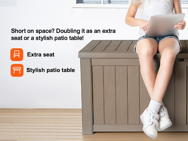 VEVOR terases kaste, kas kalpo kā papildu sēdvieta vai stilīgs terases galds, ar tekstu, kas paskaidro tās divējādu izmantošanu.