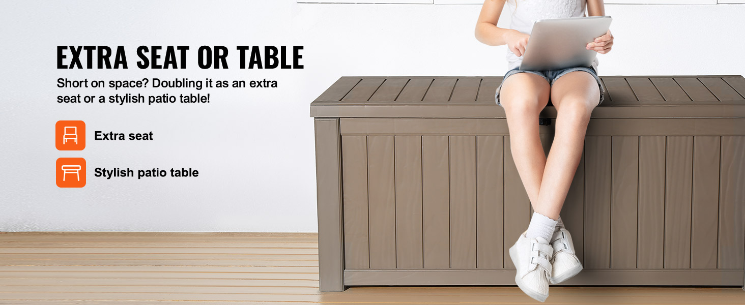 VEVOR terases kaste, kas kalpo kā papildu sēdvieta vai stilīgs terases galds, ar tekstu, kas paskaidro tās divējādu izmantošanu.