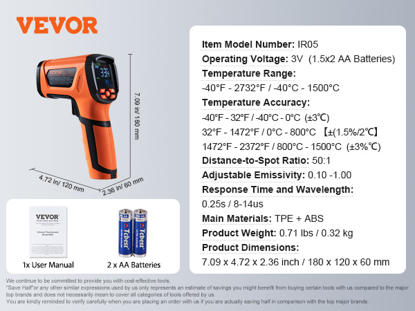 orange and black VEVOR infrared thermometer, model ir05, with dimensions, specs, aa batteries, and user manual.