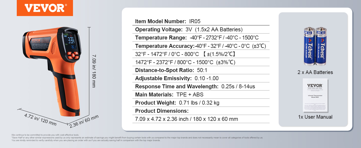 orange and black VEVOR infrared thermometer, model ir05, with dimensions, specs, aa batteries, and user manual.