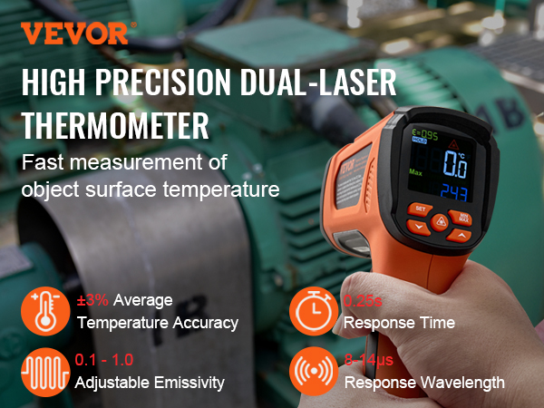VEVOR infrared thermometer: high precision, dual-laser, quick response, adjustable emissivity.