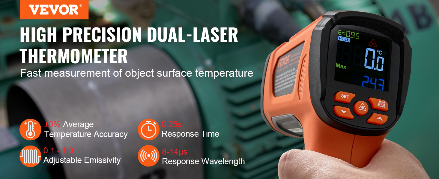 VEVOR infrared thermometer: high precision, dual-laser, quick response, adjustable emissivity.