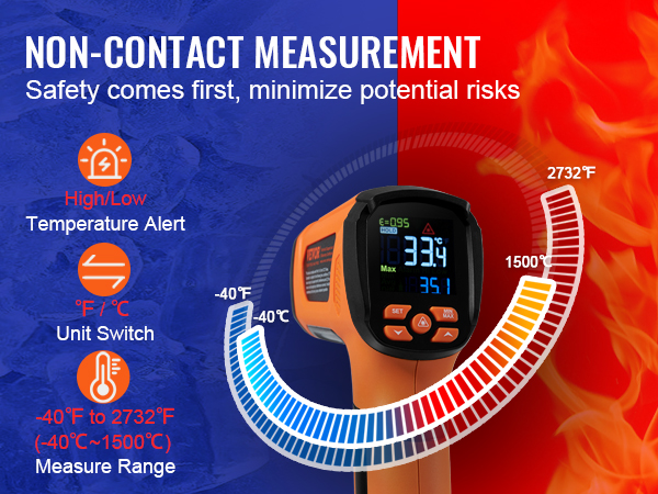 VEVOR infrared thermometer with non-contact measurement, high/low alerts, and a range of -40°f to 2732°f.
