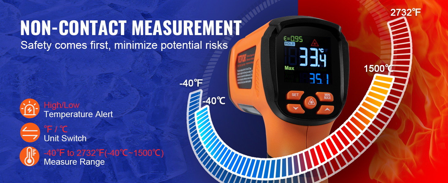 VEVOR infrared thermometer with non-contact measurement, high/low alerts, and a range of -40°f to 2732°f.