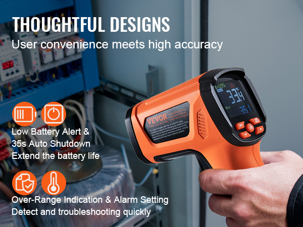 VEVOR infrared thermometer with backlit color screen, low battery alert, and over-range indication.