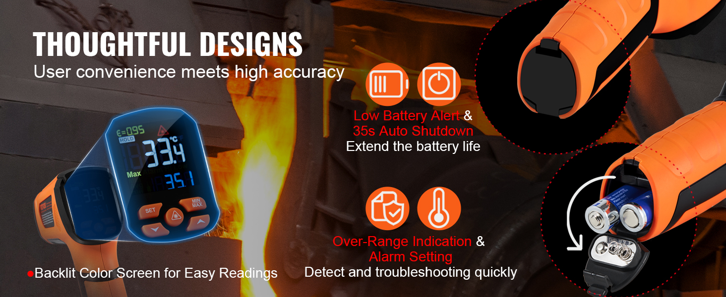 VEVOR infrared thermometer with backlit color screen, low battery alert, and over-range indication.