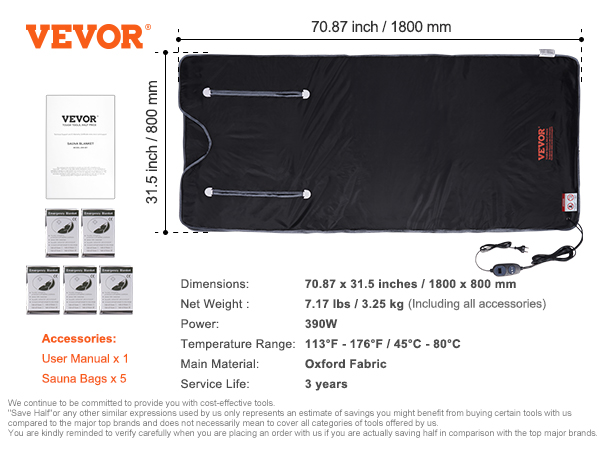 VEVOR sauna blanket with dimensions, weight, power, temperature range, material, and accessories detailed.