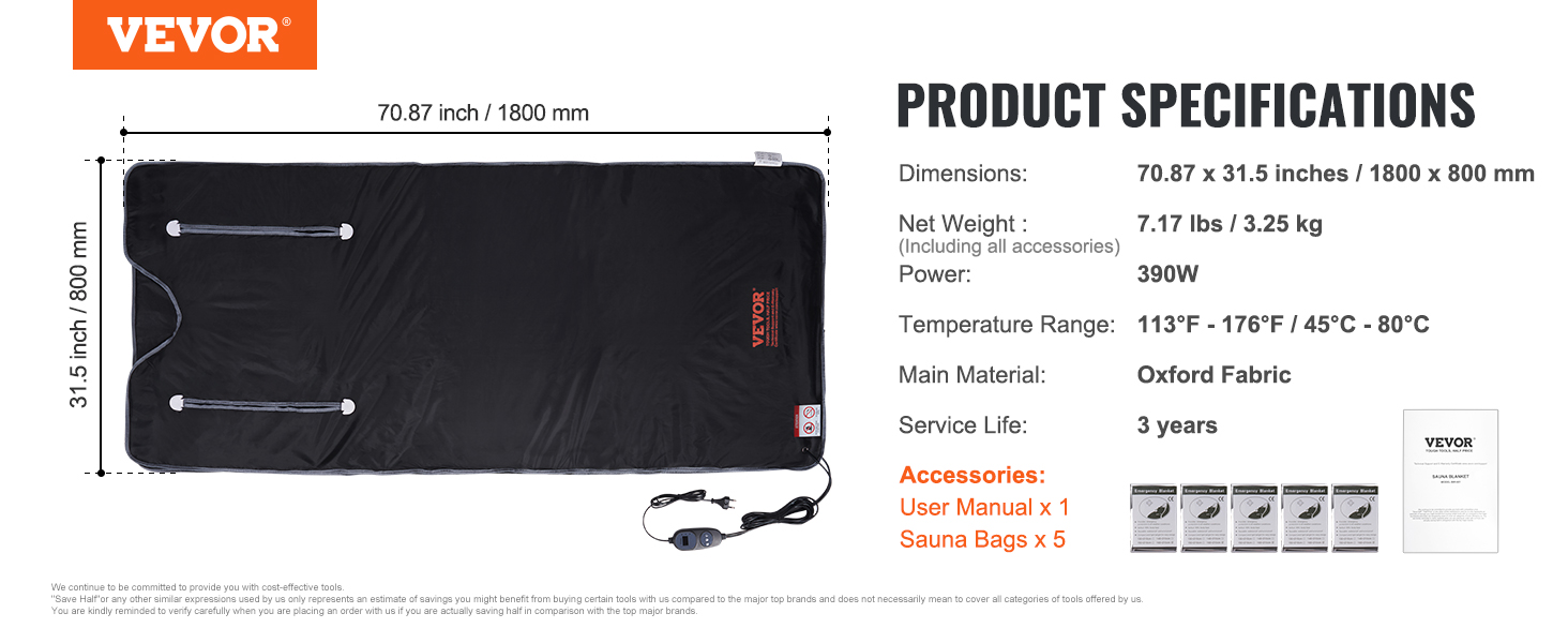 VEVOR sauna blanket with dimensions, weight, power, temperature range, material, and accessories detailed.