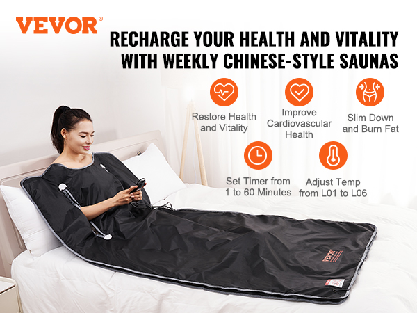 VEVOR sauna blanket on bed, recharging health and vitality with weekly chinese-style saunas.